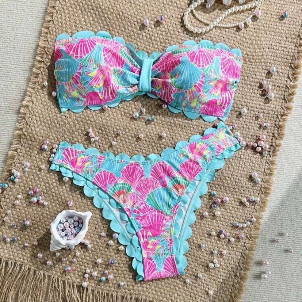 Colorful Scalloped Bikini Set L (8/10) large women brand new SHEIN swimsuit